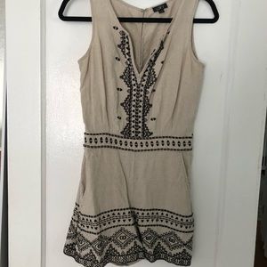 Tan and black linen and crochet romper w pockets